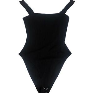 Forever 21 Black Ribbed Ruffle Strap Square Neck Bodysuit